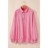 Pink Solid Snap Buttons Collared Balloon Sleeve Oversized Sweatshirt - M