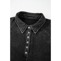 Black Solid Snap Buttons Collared Balloon Sleeve Oversized Sweatshirt - M