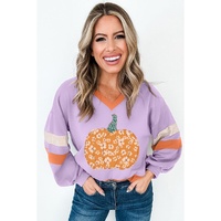 Orchid Bouquet Halloween Floral Pumpkin Color Block V Neck Sweatshirt - L
