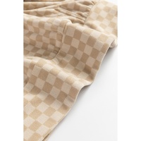 Khaki Checkered Print Kangaroo Pocket Drawstring Hoodie - L
