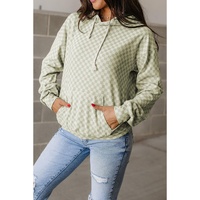 Green Checkered Print Kangaroo Pocket Drawstring Hoodie - L