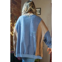Sky Blue Ribbed Detail Color Block Sleeve Baggy Sweatshirt - L