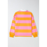 Yellow Stripe Color Block Polo Collar Sweatshirt - L