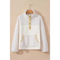 Beige Fleece Colorblock Trim Buttons Collar Sweatshirt with Pocket - M