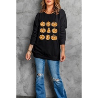 Black Floral Pumpkin Graphic Round Neck Halloween Sweatshirt - L