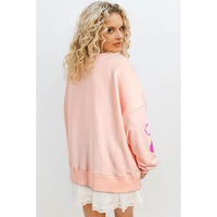 Apricot Pink Sequined Bowknot Drop Shoulder Oversized Sweatshirt - L