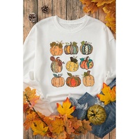 Beige Thanksgiving Pumpkin Print Drop Shoulder Sweatshirt - M