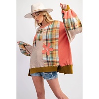 Multicolour Waffle Knit Plaid Patchwork Side Slits Loose Sweatshirt - M