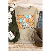 Khaki THANKS giving Leaves Printed Drop Shoulder Sweatshirt - L