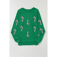 Green Sequin Christmas Candy Cane Graphic Crewneck Pullover Sweatshirt - S