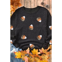Black Sequin Candy Corn Patched Corded Halloween Sweatshirt - M
