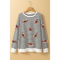 Black Stripe Sequin Rugby Football Side Slits Oversized Sweatshirt - L