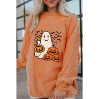 Orange Halloween Ghost Pumpkin Bat Print Corded Pullover Sweatshirt - L
