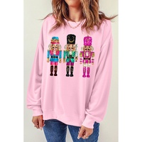 Pink Cute Nutcracker Printed Drop Shoulder Christmas Sweatshirt - S