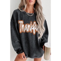 Black Thankful Printed Drop Shoulder Corded Thanksgiving Sweatshirt - M