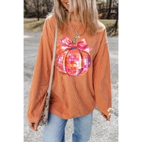 Orange Bow Pumpkin Graphic Crewneck Corded Thanksgiving Sweatshirt - L