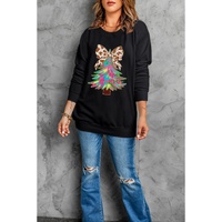 Black Bowknot Christmas Tree Shiny Graphic Sweatshirt - L