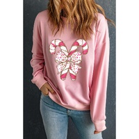 Pink Christmas Bow Candy Cane Graphic Drop Shoulder Crew Neck Sweatshirt - M