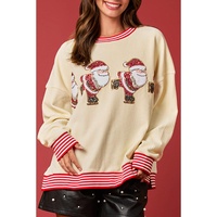Beige Santa Skiing Graphic Striped Trim Corded Sweatshirt - L