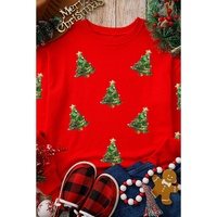 Red Sequin Christmas Tree Graphic Drop Shoulder Sweatshirt - S