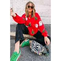Red Santa Claus Christmas Tree Patched Pattern Drop Shoulder Sweatshirt - S