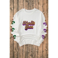 Beige Sequin Mardi Gras Patched Pattern Fleur de Lis Sleeve Sweatshirt - L