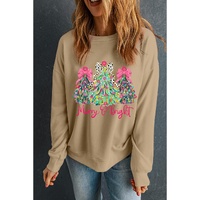 Khaki Merry &amp; Bright Christmas Tree Print Pullover Sweatshirt - M