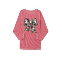 Strawberry Pink Checkered Bow Print Ribbed Crew Neck Pullover Sweatshirt - L