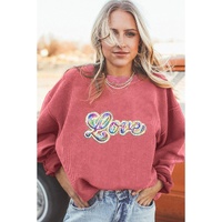 Strawberry Pink Sequin Love Graphic Drop Shoulder Corded Valentines Sweatshirt - XL