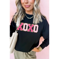 Black Chenille XOXO Patched Drop Shoulder Valentines Pullover Sweatshirt - S