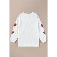 White Valentines Heart Patched Pattern Corded Pullover Sweatshirt - S