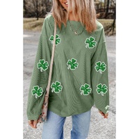 Grass Green Ribbed Four Leaf Clover Graphic St. Patricks Pullover Sweatshirt - S