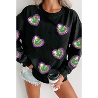 Black Mardi Gras Heart Print Crew Neck Sweatshirt - XL