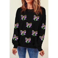 Black Sequin Mardi Gras Bow Graphic Drop Shoulder Pullover Sweatshirt - L
