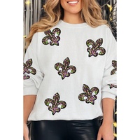 White Sequined Fleur De Lis Drop Shoulder Sweatshirt - XL