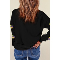 Black Sequined Donuts of Mardi Gras Colors Drop Shoulder Sweatshirt - XL