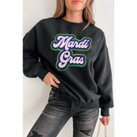 Black Mardi Gras Chenille Patched Graphic Drop Shoulder Sweatshirt - M