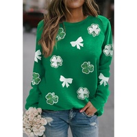 Green Sequin Bow Clover Graphic Pullover Sweatshirt - S