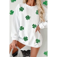 White Sequin Clover Patched Drop Shoulder Corded Sweatshirt - S
