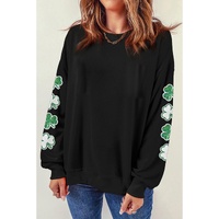 Black Sequin Clover Patched Drop Shoulder Sweatshirt - L