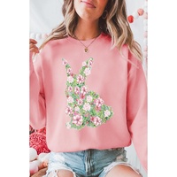Pink Floral Bunny Printed Crewneck Easter Fashion Sweatshirt - L
