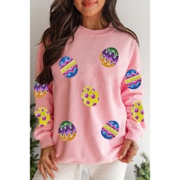 Pink Easter Egg Patched Graphic Drop Shoulder Pullover Sweatshirt - S