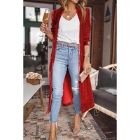 Red Velvet Open Front Pocketed Long Duster - XL