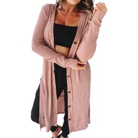 Pink Ribbed Button-Up Split Duster Cardigan - M