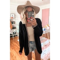 Black Leopard Contrast Waffle Knit Open Front Cardigan - M