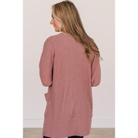 Mineral Red Solid Color Waffle Knit Cardigan with Pocket - M
