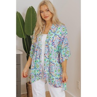 White Boho Floral Printed Rhinestone 3/4 Sleeve Open Front Kimono - M