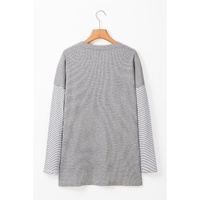 Black Stripe Colorblock Patchwork Open Front Cardigan with Pocket - L