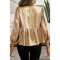 Gold Bow Tie Front Puff 3/4 Sleeve Ruffle Hem Blouse - M