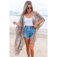 Apricot Floral Print Short Wide Sleeve Open Front Loose Kimono - One Size